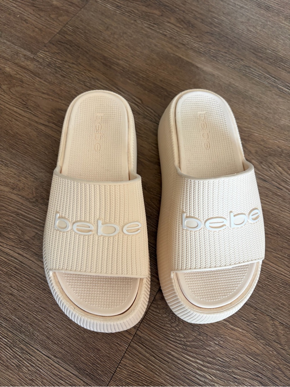 bebe Cream Slide Sandals with Embossed Logo